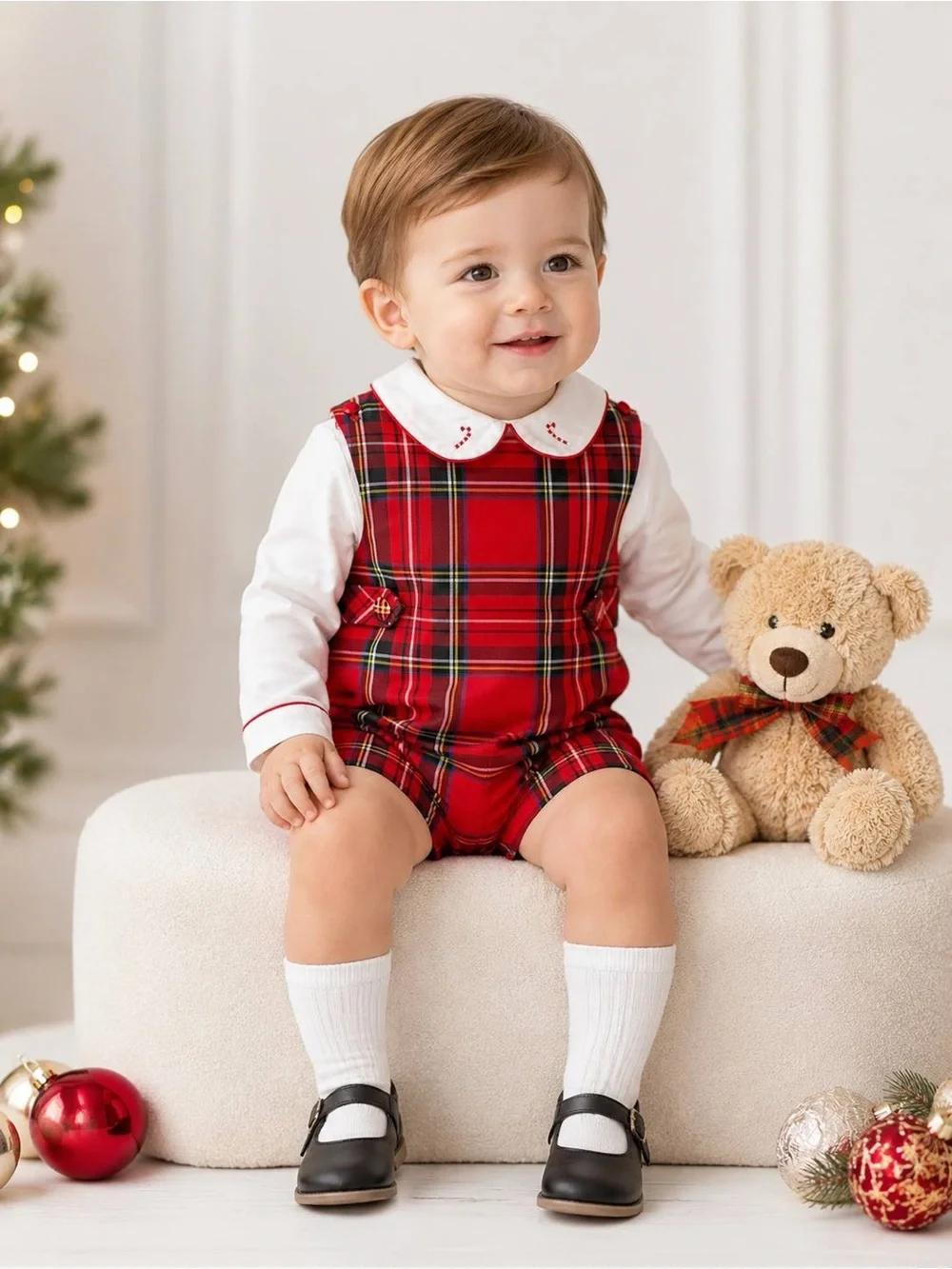 Edgehill Collection Candy Cane Shortall Set Kids Red Plaid Size 12M NWT